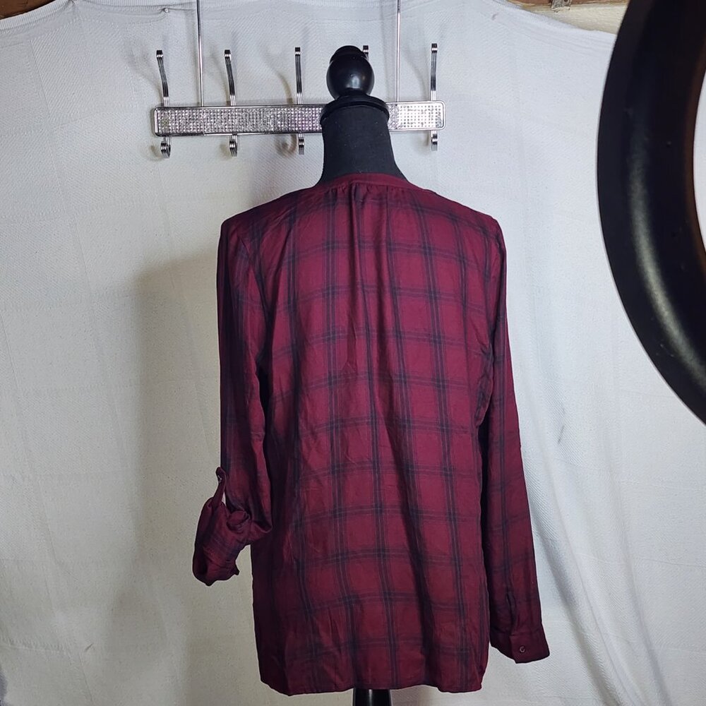 A.N.A. A New Approach Wine Black Plaid Long Tab Sleeve Button Up Faux Wrap Top S - Picture 12 of 16